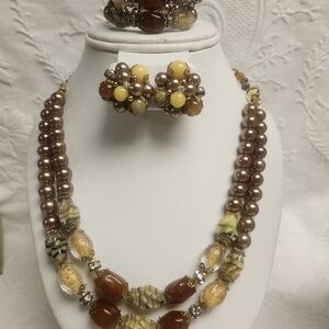 Vintage Haskell Style Costume Pearl Necklace Bracelet Earrings